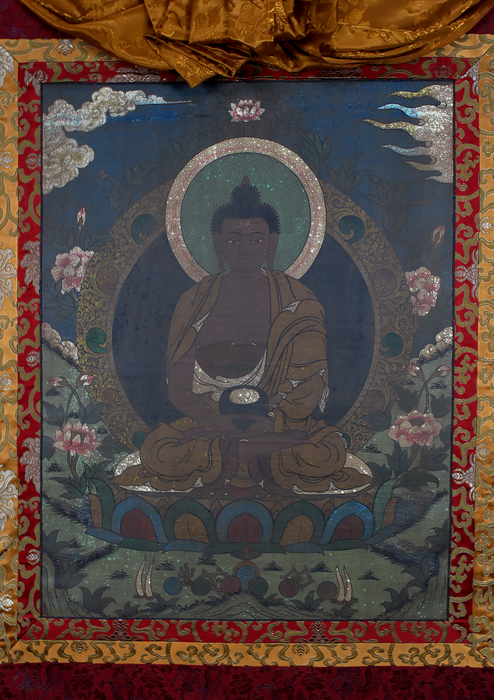 Antique Amitabha Buddha Brocade Thangka Painting
