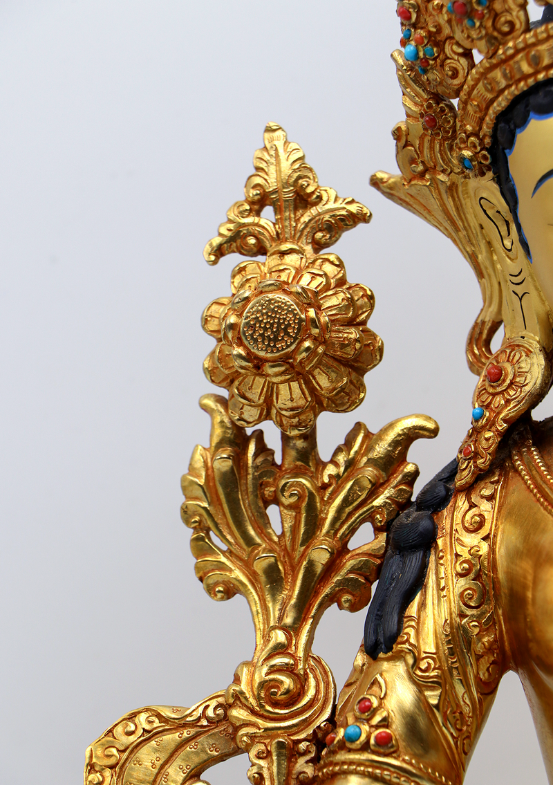 Green Tara Dolma 24 K Gold Stone Inlaid  Copper Statue 14"H