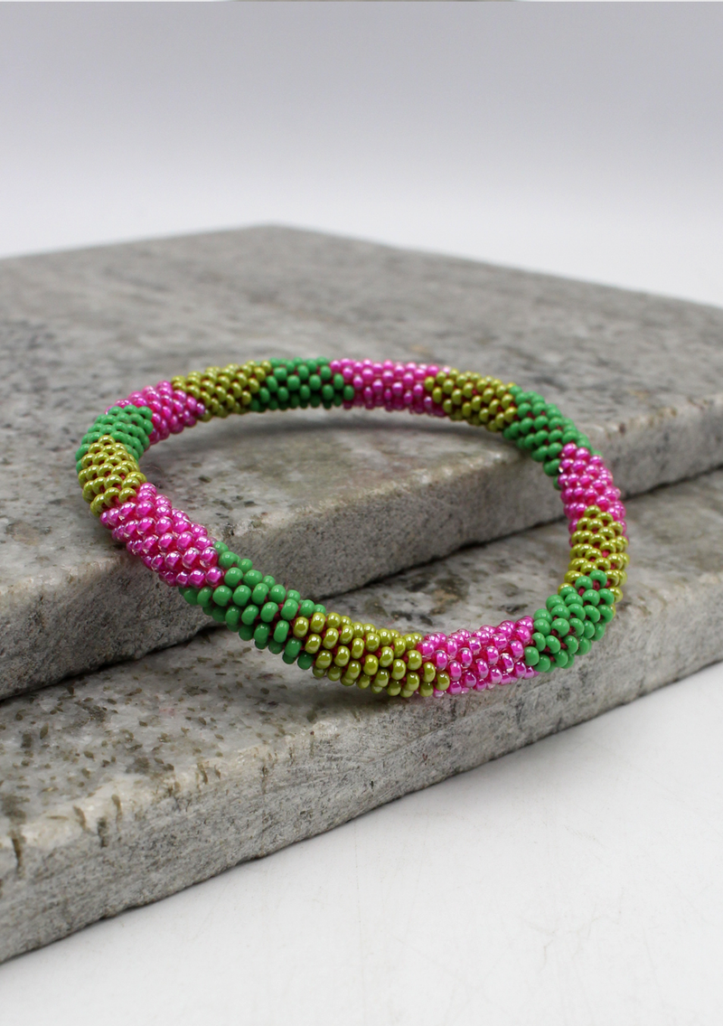 Green Pink Stripe Nepalese Roll on Beads Bracelet