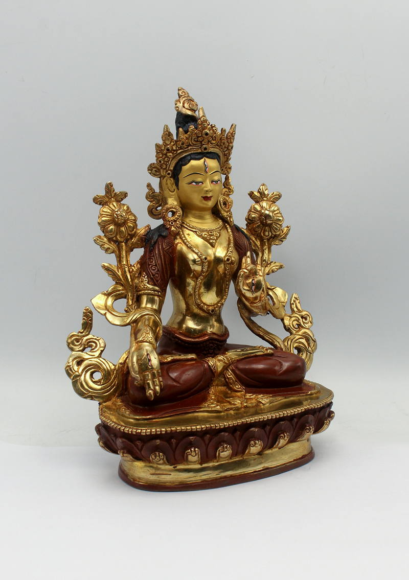 Copper Partly Gold Plated White Tara Statue 9"H