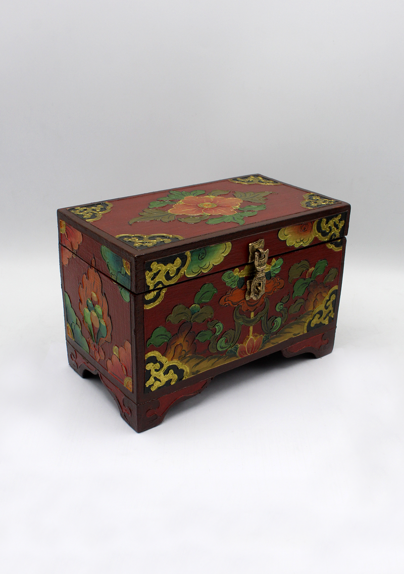 Handpainted Tibetan Red Flower Wooden Box with Parasol- Large
