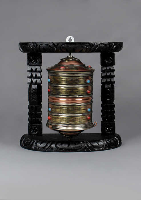 4 Line Om Mani Copper Prayer Wheel With Wooden Frame