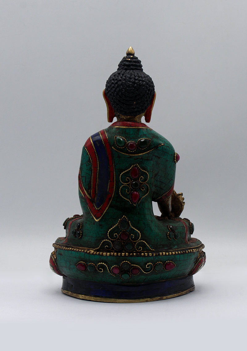 Stone Inlaid Copper Medicine Buddha Statue 8.5"H
