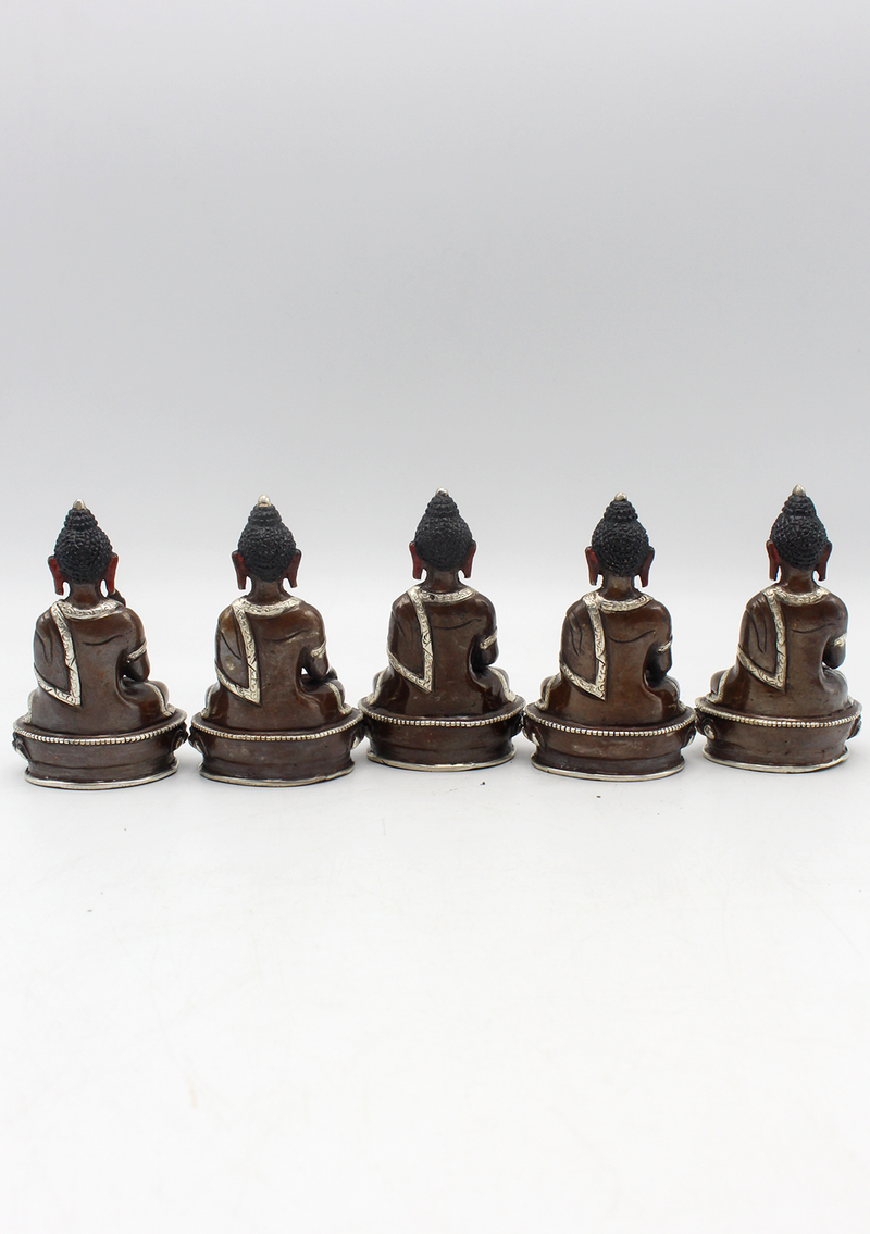 Copper Five Dhyani Buddhas with Silver Robe Statue, Panchha Buddha Statue