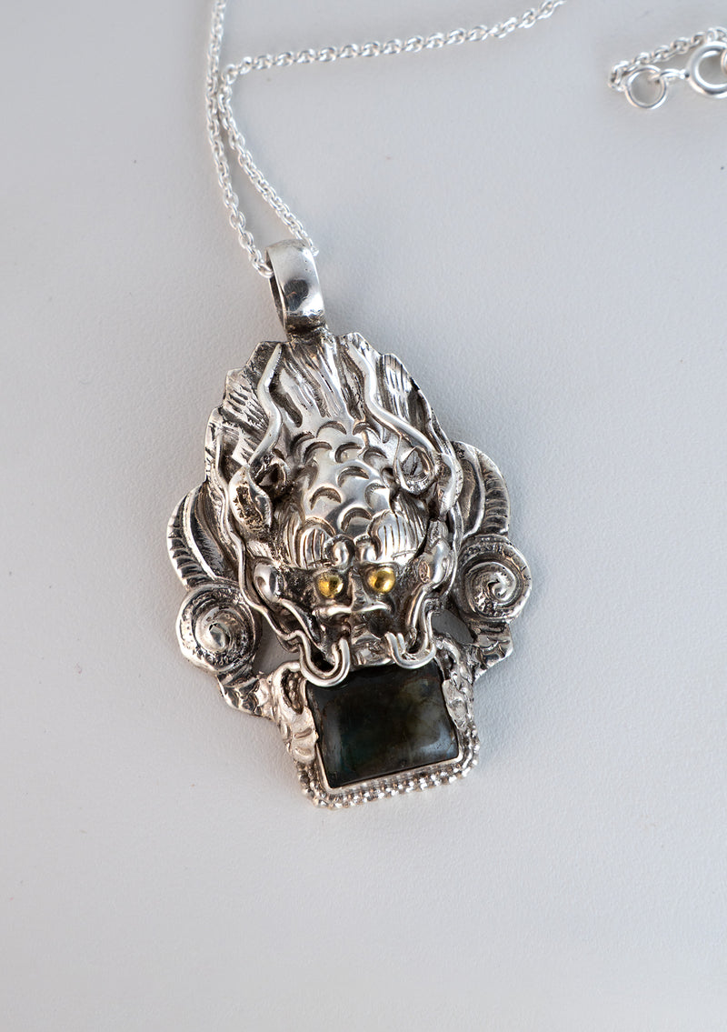 Sterling Silver Labradorite Dragon Pendant with Chain