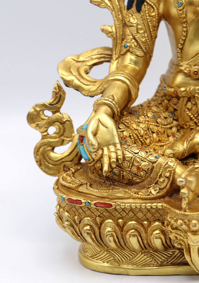 Full Gold Plated Copper Stone Inlaid Green Tara Statue 8.5"H
