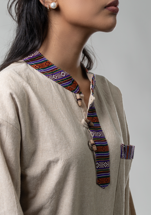 Bhutanese Pattern Cotton Kurta Shirt - Beige