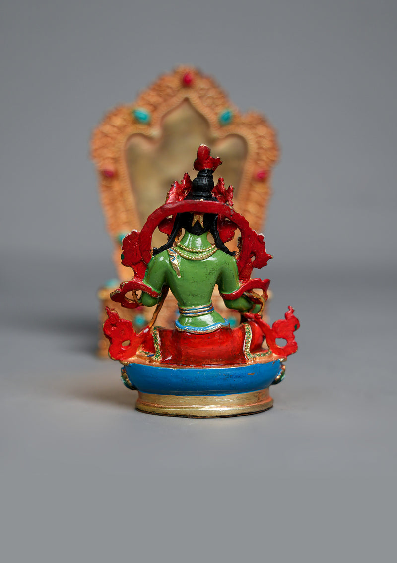 Handpainted Green Tara Statue with Stone-Inlaid Throne