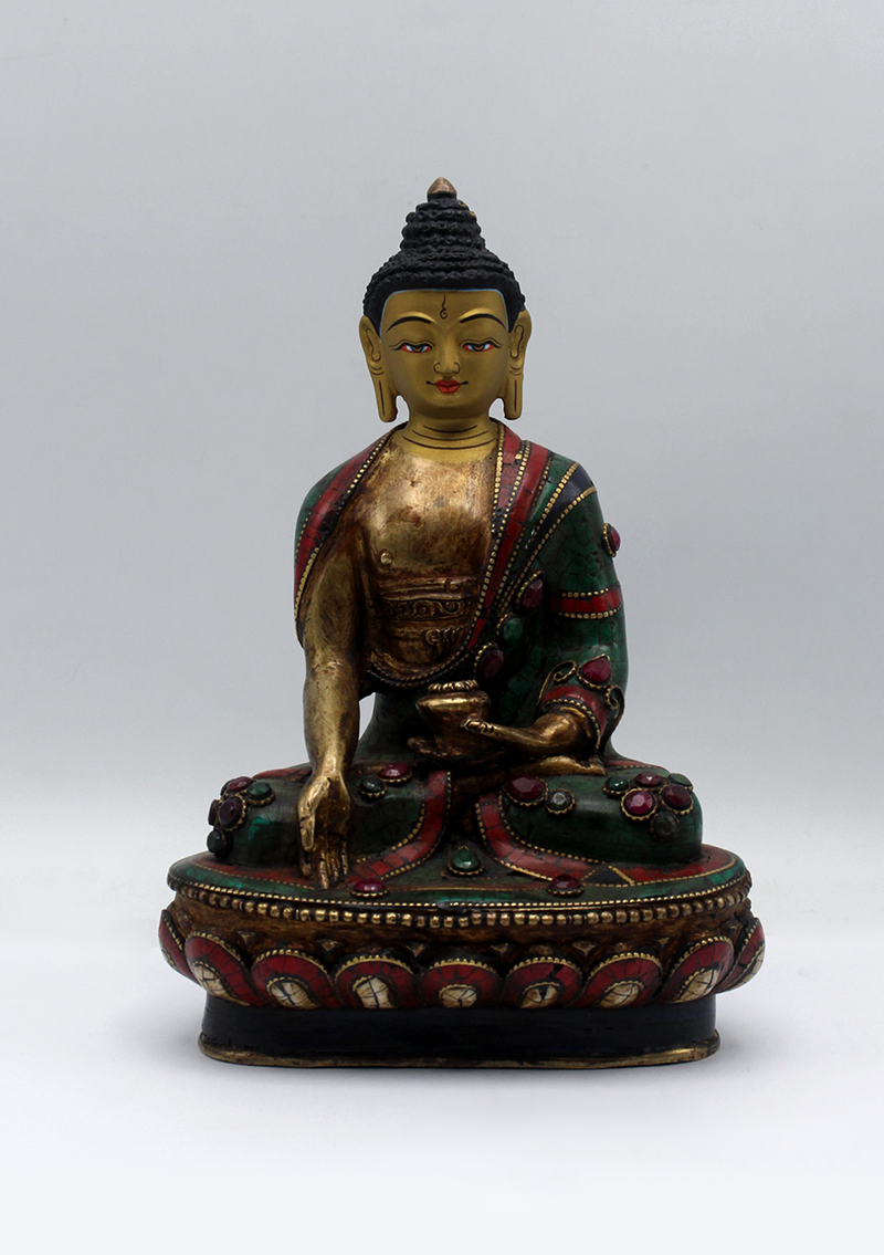 Stone Inlaid Copper Ratnasambhava Buddha Statue 8.5"H