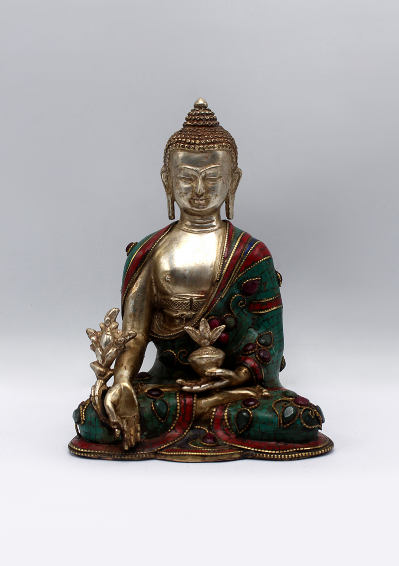 Stone Inlaid Copper Silverplated Medicine Buddha Statue 6.5"H