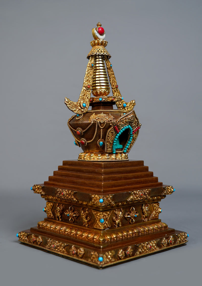 Handcrafted  Gold Plated Chorten Stupa 13" H