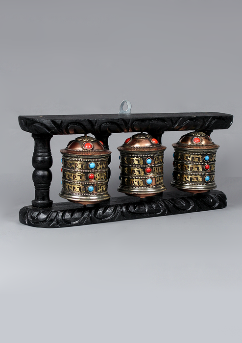 Om Mani Nepal Souvenirs 3 Prayer Wheel Wooden Frame Hanging