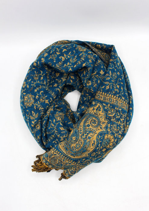 Hand loomed Large Leaf Blue Woolen Shawl