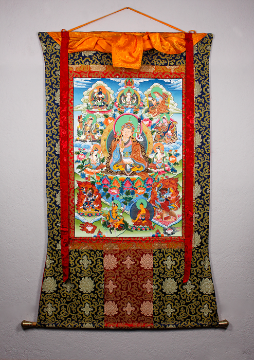 Eight Manifestations of Guru Rinpoche Brocade Thangka Painting
