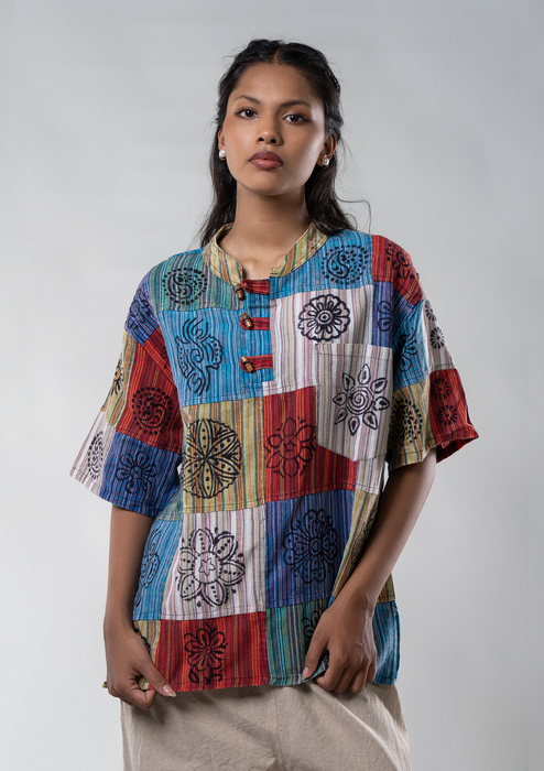 Multicolored Hippie Style Cotton Kurta Shirt - Half Sleeves