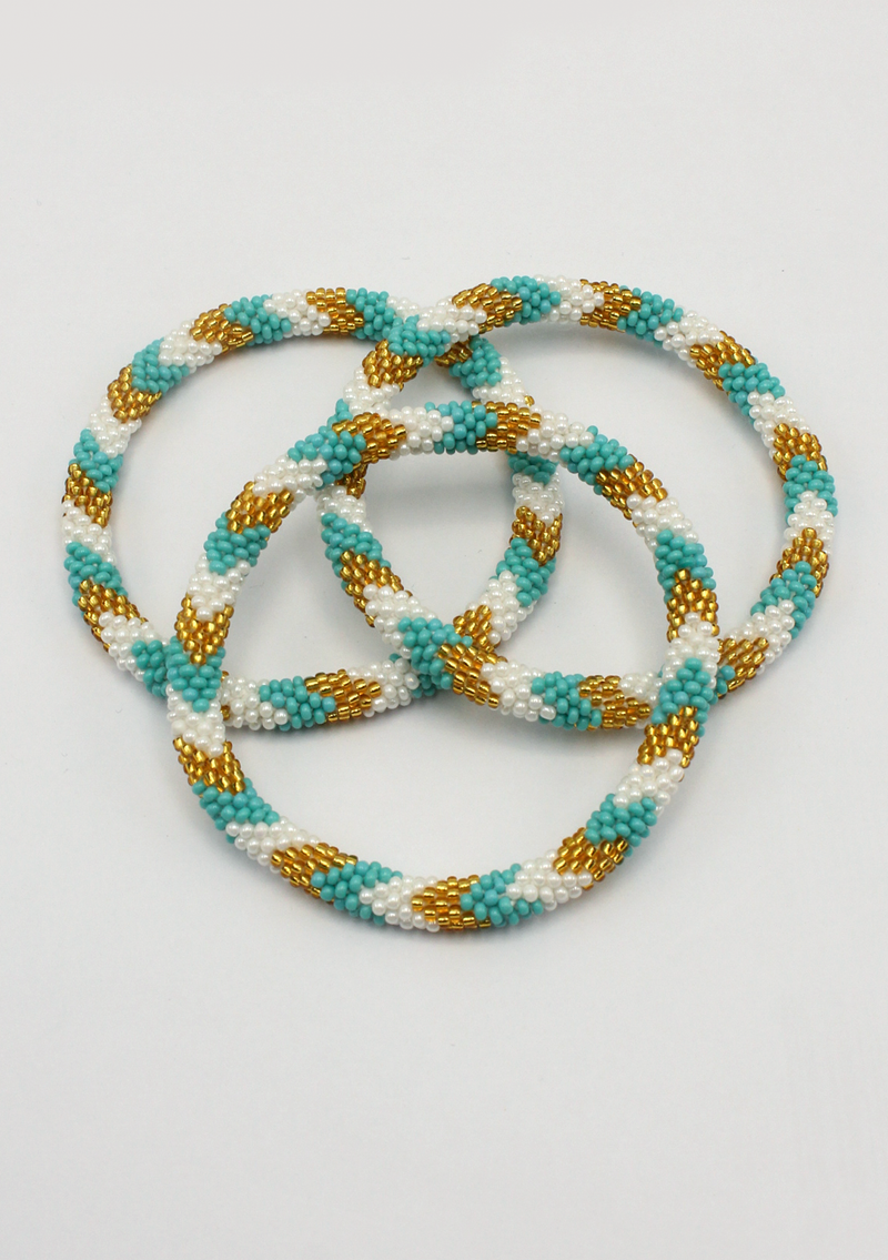 Blue White Roll on Beads Gold Bracelet