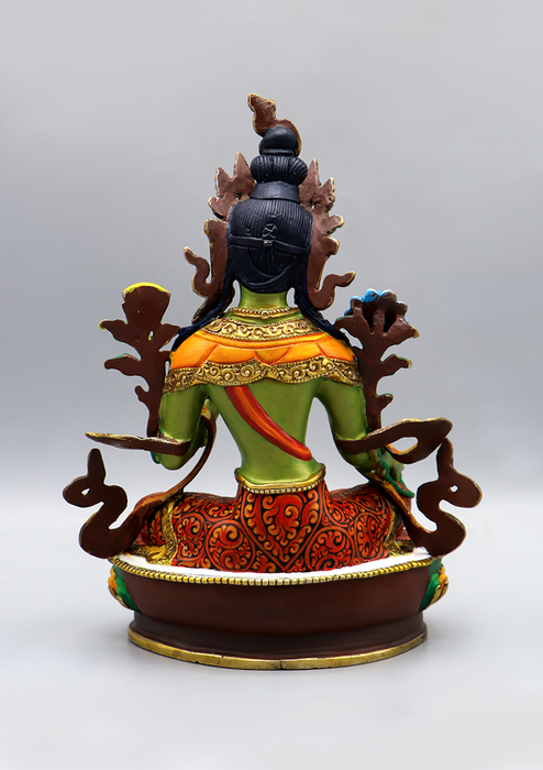 Green Tara  Handpainted  Copper Goldplated  Statue 9"H