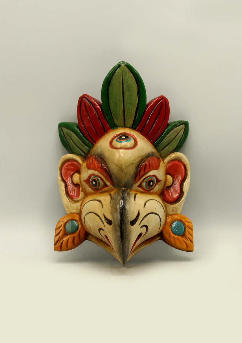 Handcarved and HandPainted Wooden Garud Wall Hanging Mask - White