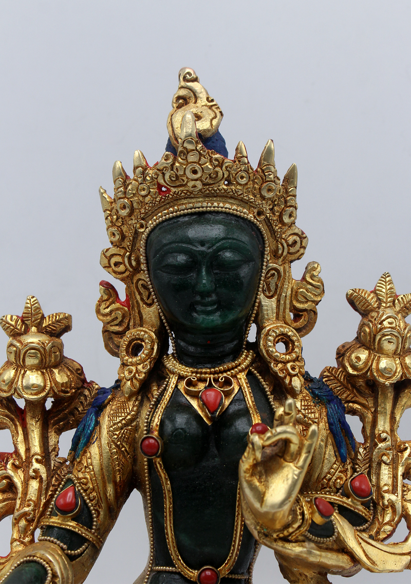 Gold Plated  Green Stone Green Tara Statue 9"H