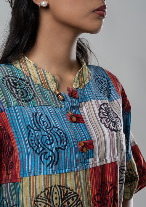Multicolored Hippie Style Cotton Kurta Shirt - Half Sleeves
