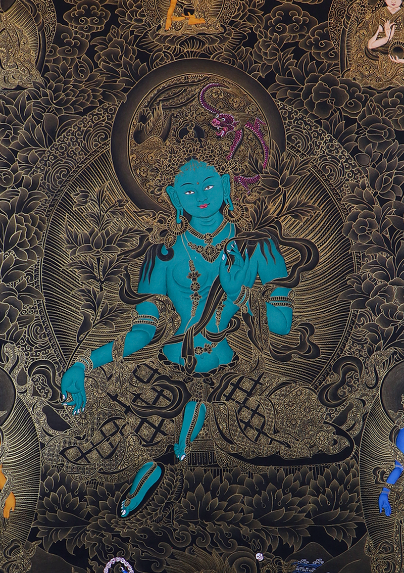 Green Tara  Black and Gold 24K Thangka Painting