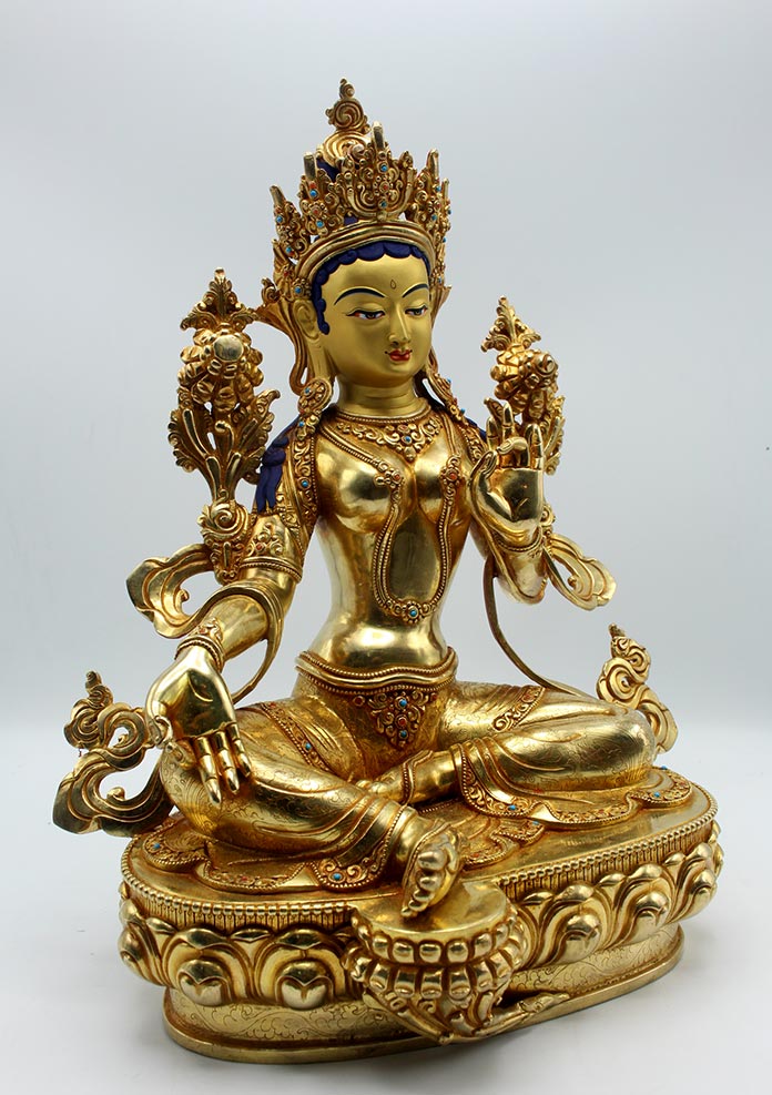 Majestic  24K Gold Gilted Green Tara Statue 14" H