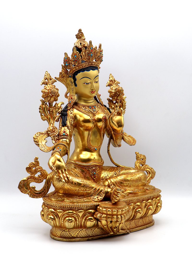 Green Tara Dolma 24 K Gold Stone Inlaid  Copper Statue 14"H