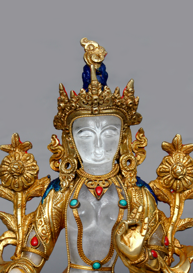 Crystal Gold Plated White Tara Statue 8.5"H