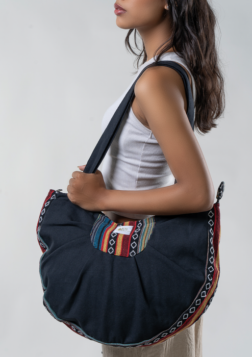 Cotton Crescent Shaped Shoulder Bag in Black