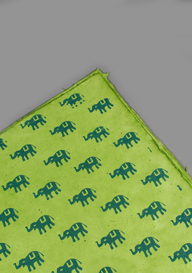 Elephant Printed Green Lokta Paper Gift Wrap