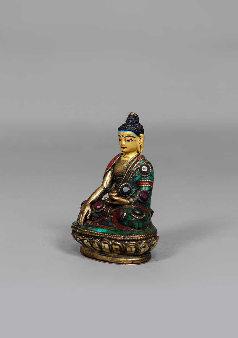Stone Inlaid Copper Shakyamuni Buddha Statue 3.25" H