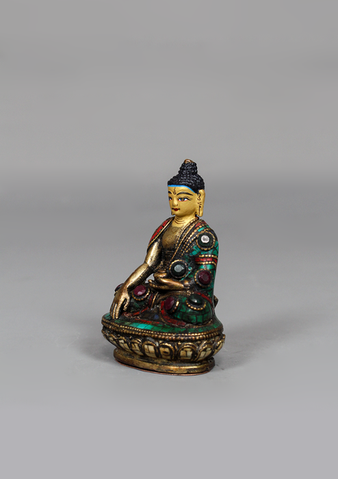 Stone Inlaid Copper Shakyamuni Buddha Statue 3.25" H