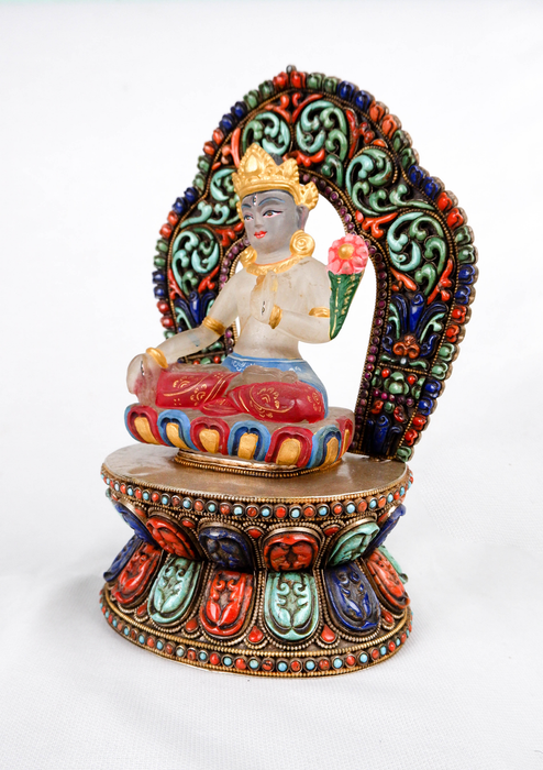 Crystal  White Tara Statue  Seated on the Silver Sterling Throne with  Gem Stone Inlaid