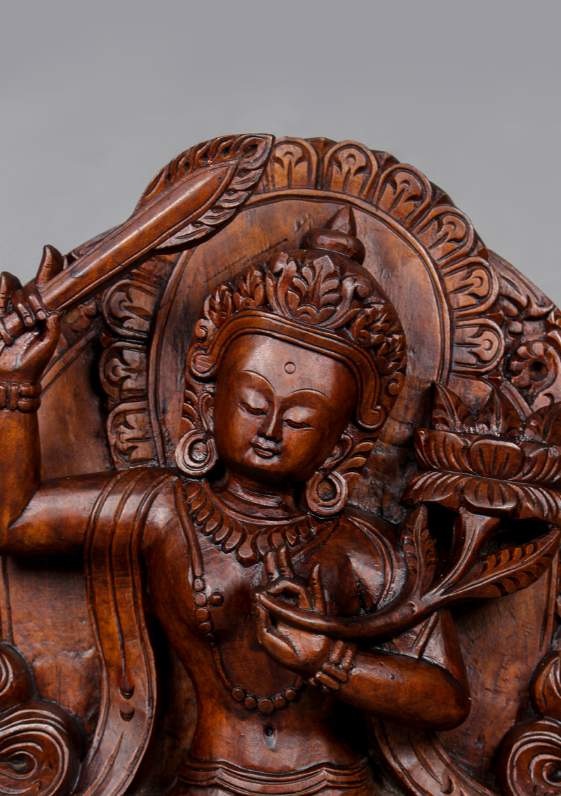 Manjushree Fine Carving Wooden Statue 12"H