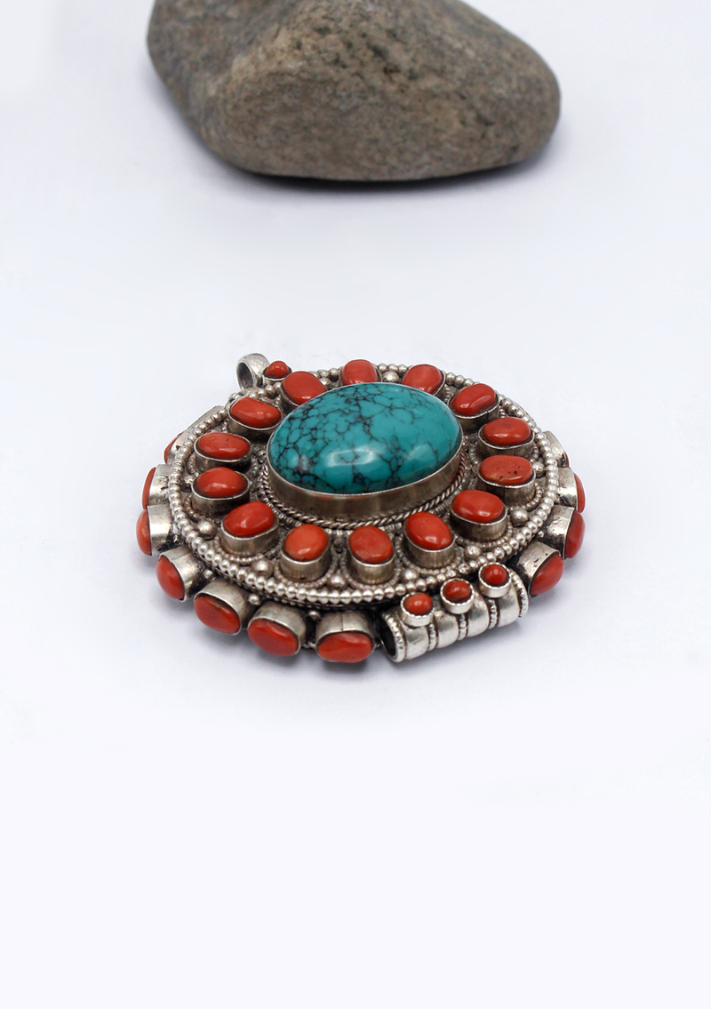 Handcrafted Tibetan Turquoise & Coral Silver Sterling Ghau Pendant