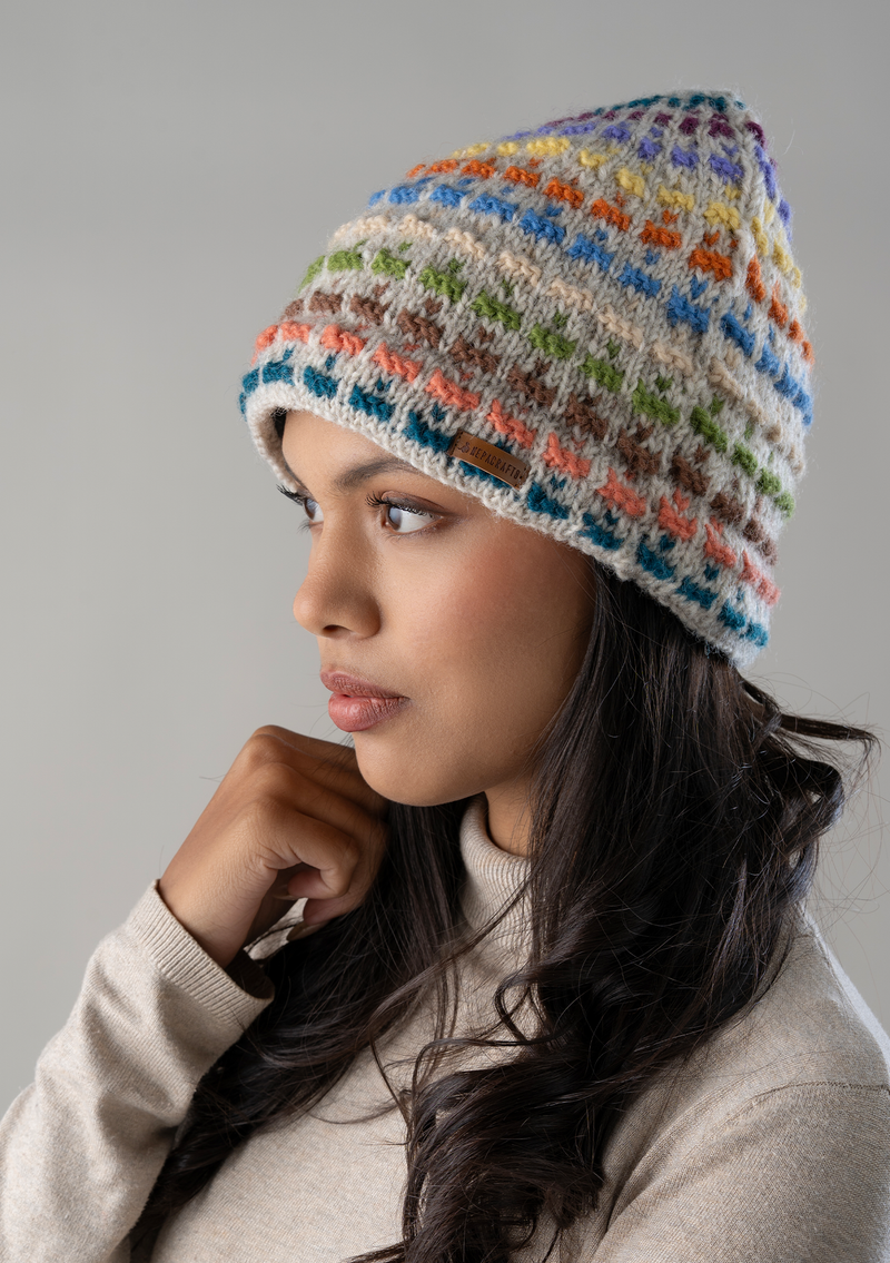 Handknitted Multicolor Dotted Beanie - Beige