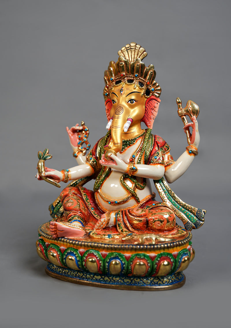 9" Handpainted Ganesh Statue – Partly Gold Plated Copper, Patan Nepal