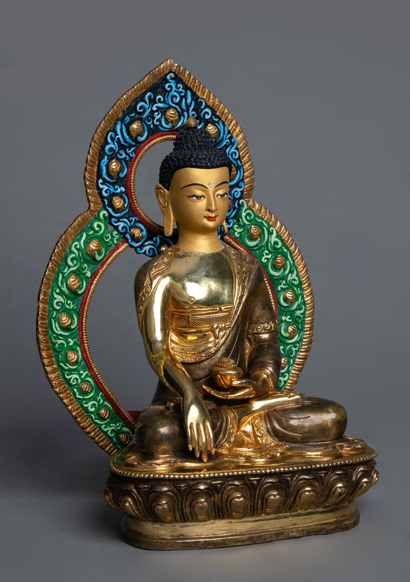 Partly Gold Plated Shakyamuni Buddha Statue with Hand-Painted Mandorla – 10" Handmade Nepalese Buddhist Art