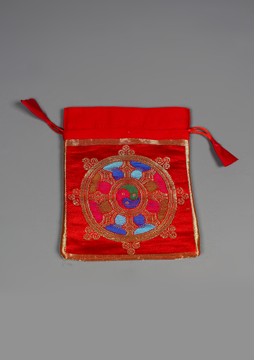Dharma Wheel Brocade Drawstring Mala Red Bag