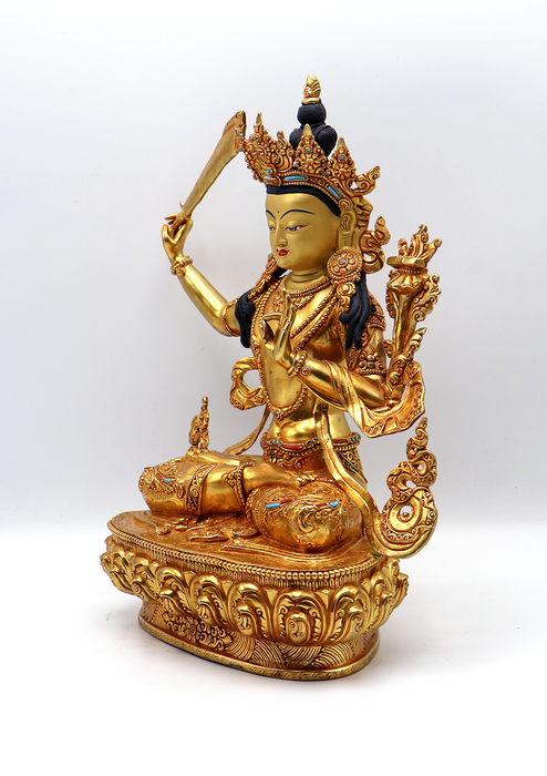 God  of Wisdom 24 K Gold  Manjushree Copper Statue 12.5"H