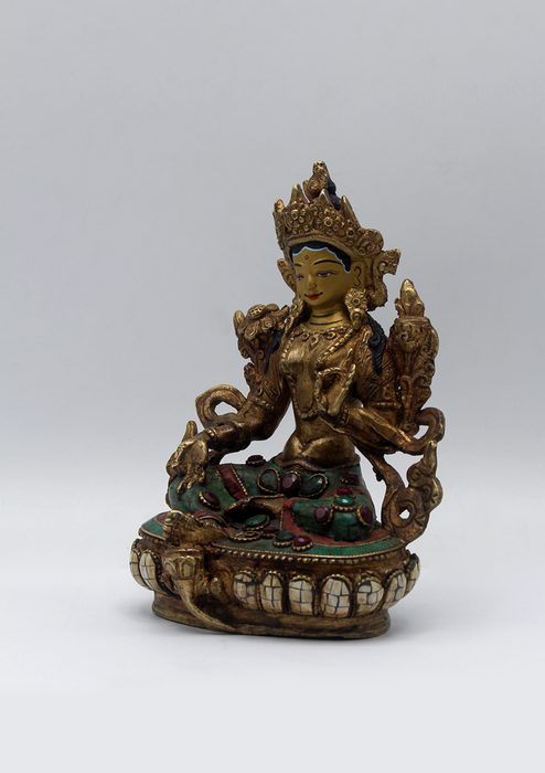 Stone Inlaid Copper Green Tara Statue 6"H (3)