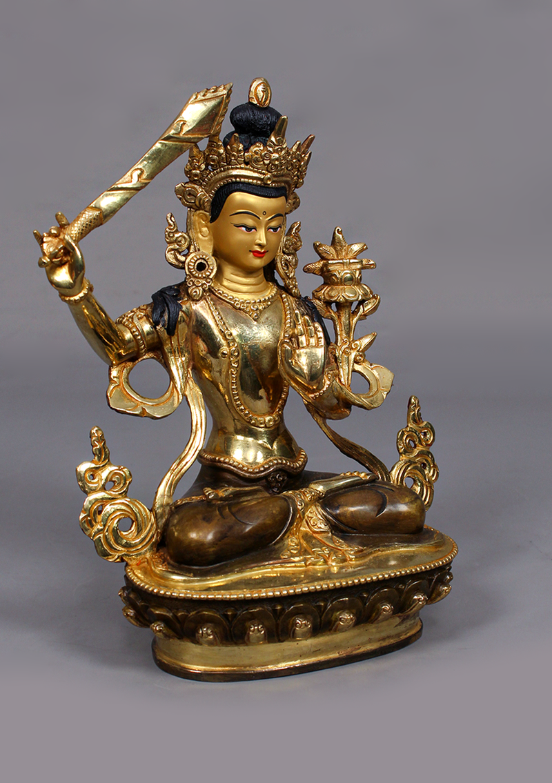 Partly Gold Plated Manjushree Statue 9" H