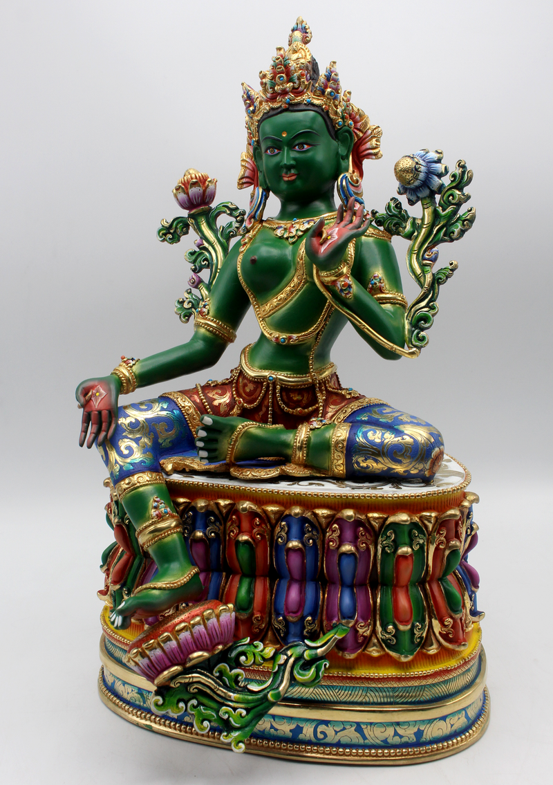 Radiant Gold Jewels Green Tara Sculpture: A Nepali Masterpiece