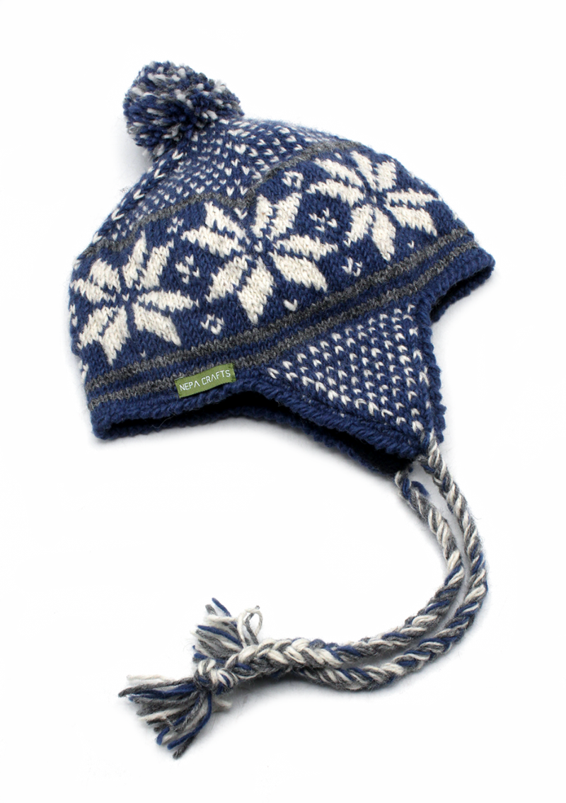 Hand Knitted  Snowfalke Blue Sherpa  Cap