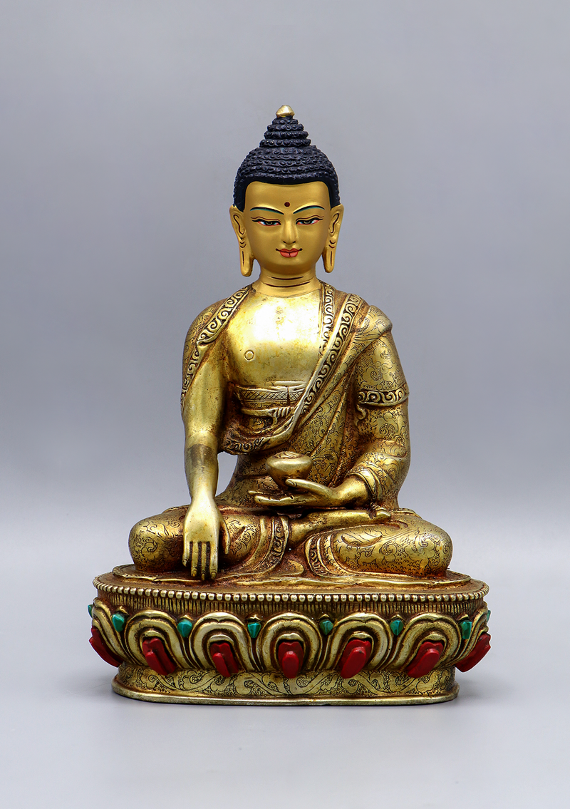 Fully Gold Plated Stone Inlaid Shakyamuni Buddha Statue