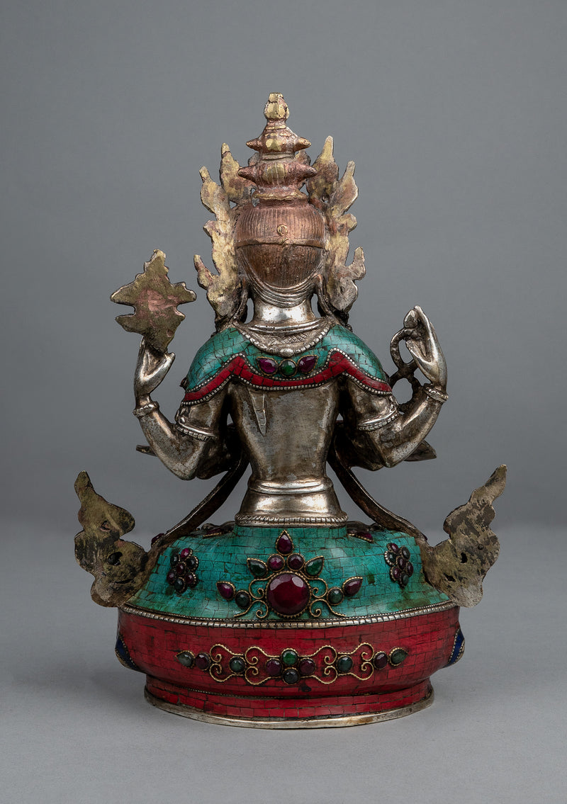 Silver Plated  Stone Inlaid  Four arms Chenrezig Statue