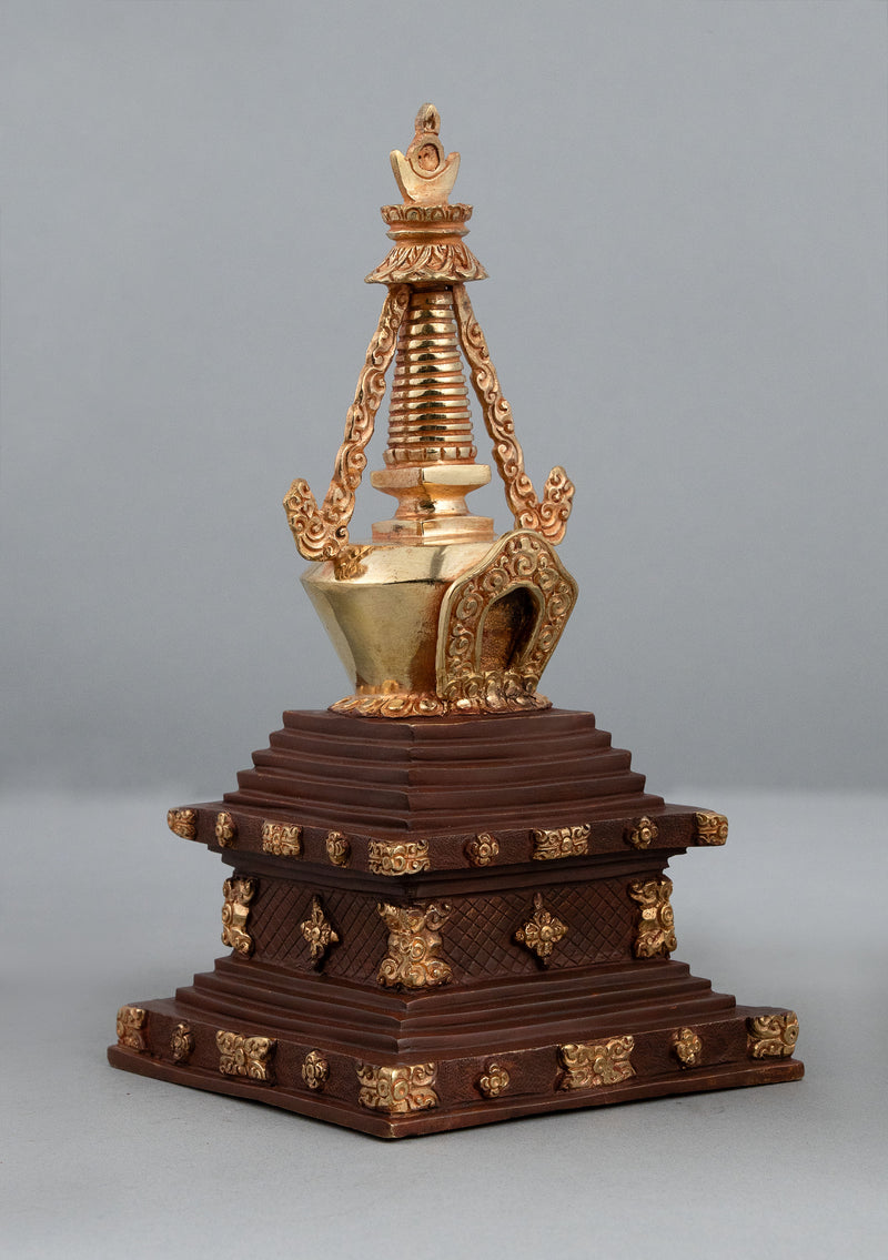 Partly Gold Plated Tibetan Stupa Chorten 9.5" H