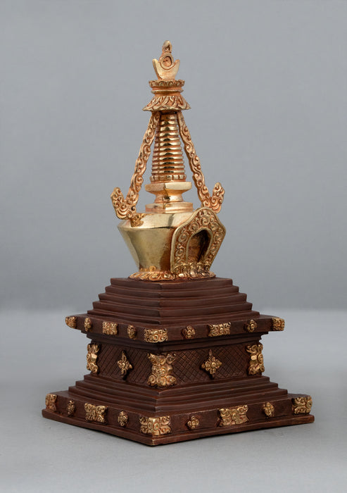 Partly Gold Plated Tibetan Stupa Chorten 9.5" H