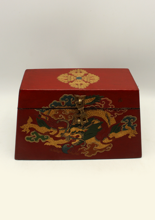 Handpainted Tibetan Double Dorjee Red Jewelry Box with Dragon