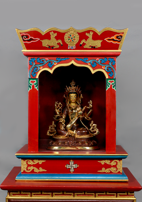 Handpainted Tibetan Wooden Shrine Box Table with Drawer